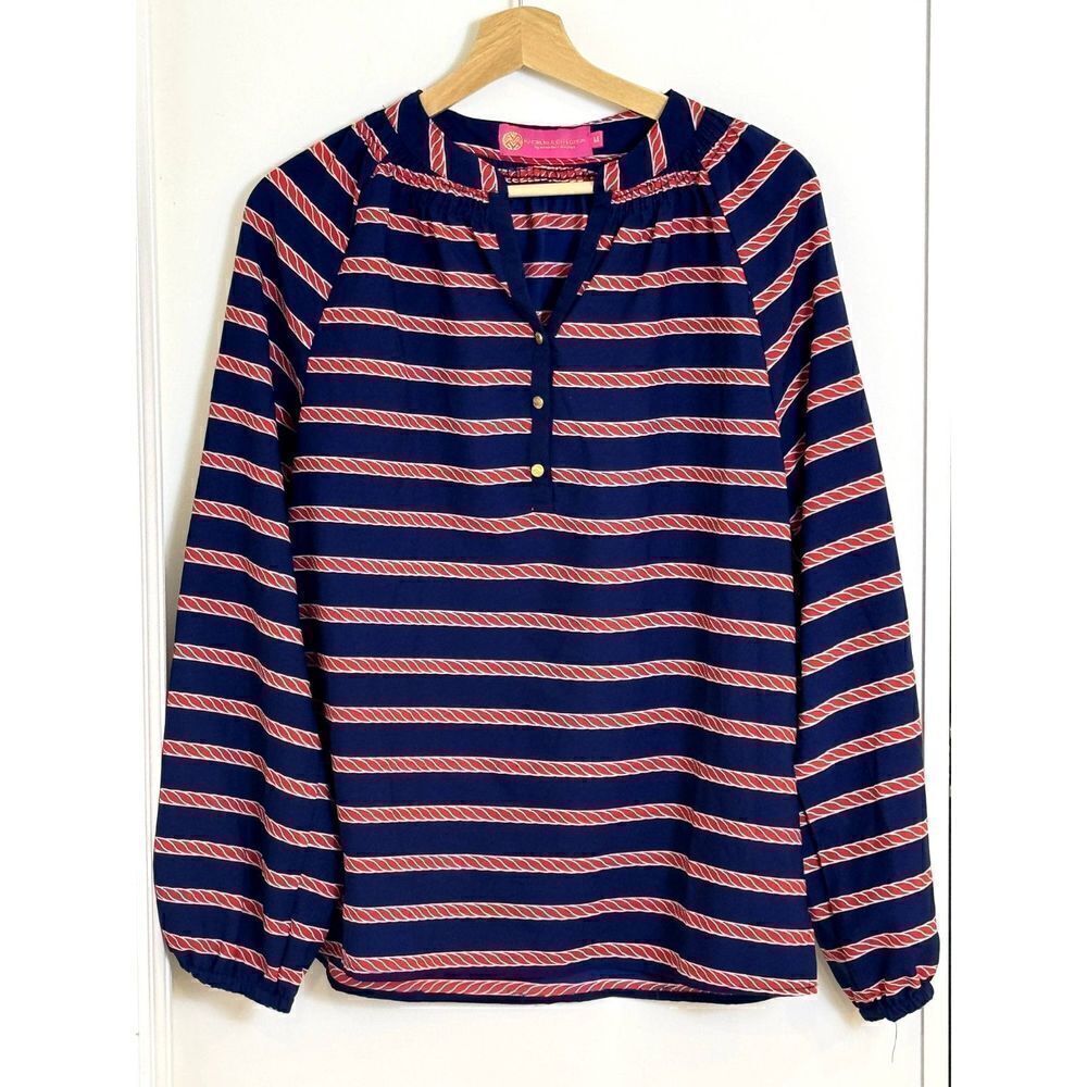 Margaret Josephs Preppy Nautical Navy and Red Long Sleeve Dressy Top Sz Med
